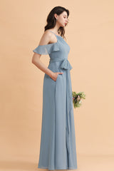 Stylish Cold-Shoulder Ruffles Chiffon Bowknot Bridesmaid Dresses with Pockets On Sale