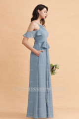 Stylish Cold-Shoulder Ruffles Chiffon Bowknot Bridesmaid Dresses with Pockets On Sale