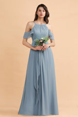 Stylish Cold-Shoulder Ruffles Chiffon Bowknot Bridesmaid Dresses with Pockets On Sale