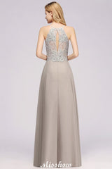 Stylish Floral Appliques Sleeveless Evening Party Gown Aline Silver Chiffon Long Bridesmaid Dress