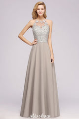 Stylish Floral Appliques Sleeveless Evening Party Gown Aline Silver Chiffon Long Bridesmaid Dress