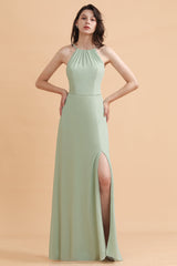 Stylish Jewel Sleeveless Dusty Sage Chiffon Bridesmaid Dresses with Ruffles