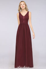 Stylish V-Neck aline Evening Maxi Gown Chiffon Sleeveless Bridesmaid Dress Burgundy
