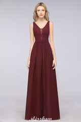 Stylish V-Neck aline Evening Maxi Gown Chiffon Sleeveless Bridesmaid Dress Burgundy