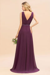 Stylish V-Neck Hi-Lo Party Dress A-line Beads Chiffon Bridesmaid Dress