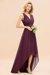 Stylish V-Neck Hi-Lo Party Dress A-line Beads Chiffon Bridesmaid Dress