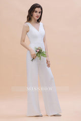 Stylish V-neck Sleeveless White Lace Bridesmaid Jumpsuit