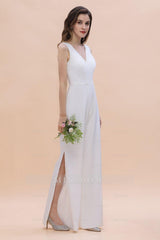 Stylish V-neck Sleeveless White Lace Bridesmaid Jumpsuit