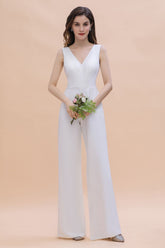Stylish V-neck Sleeveless White Lace Bridesmaid Jumpsuit