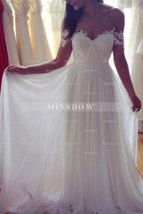 Sweep Train Chiffon Sleeveless Applique Lace Off-the-Shoulder Wedding Dress