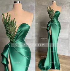 Sweetheart Green Long Mermaid Shiny Sleeveless Prom Dress With Beads