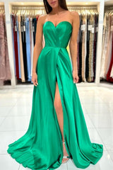Sweetheart Long Green A-line Sleeveless Evening Dress With Side Slit