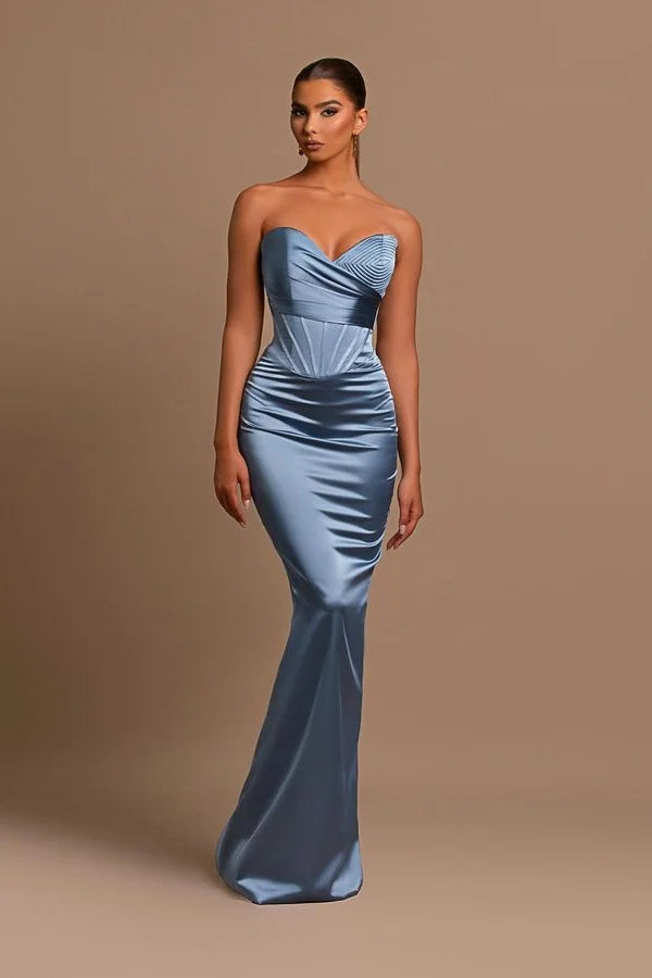 Sweetheart Long Mermaid Dusty Blue Satin Prom Dress misshow