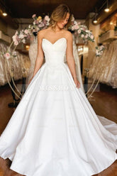 Sweetheart Long White Strapless A-line Satin Wedding Dress with Pockets
