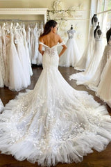 Sweetheart Off-the-Shoulder Mermaid Bridal Gown Tulle Lace Appliques Wedding Dress