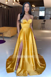 Sweetheart Yellow A-line Sequined Sleeveless Prom Dress With Slit