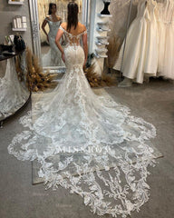 Trendy Floor Length Off-The-Shoulder Sleeveless Mermaid Lace Wedding Dress with Cathedral Train
