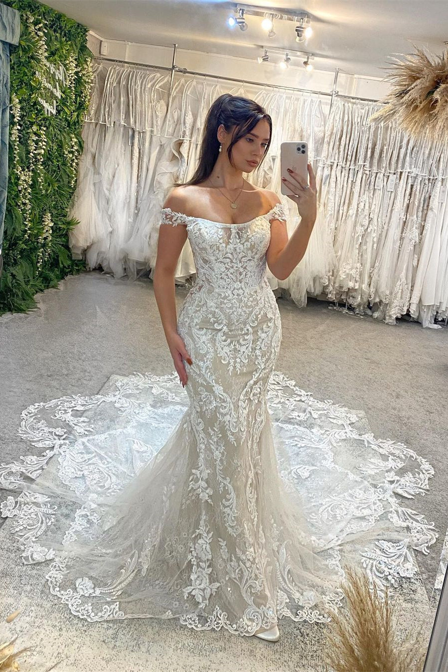 Trendy Floor Length Off-The-Shoulder Sleeveless Mermaid Lace Wedding Dress with Cathedral Train