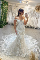 Trendy Floor Length Off-The-Shoulder Sleeveless Mermaid Lace Wedding Dress with Cathedral Train