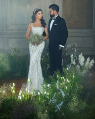 Trendy Floor Length Square Spaghetti Straps Sleeveless Mermaid Lace Wedding Dress