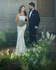 Trendy Floor Length Square Spaghetti Straps Sleeveless Mermaid Lace Wedding Dress