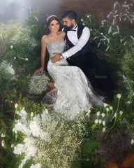 Trendy Floor Length Square Spaghetti Straps Sleeveless Mermaid Lace Wedding Dress