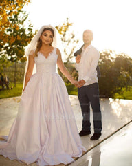 Trendy Floor Length Sweetheart Traps Sleeveless A-Line Satin Wedding Dress with Beads