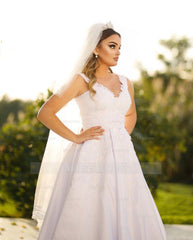 Trendy Floor Length Sweetheart Traps Sleeveless A-Line Satin Wedding Dress with Beads