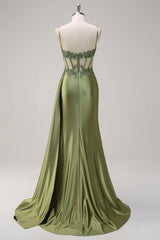 Trendy Mermaid Spaghetti Straps Silver Corset Prom Dress with Appliques
