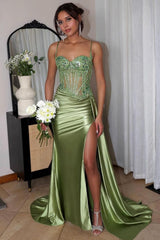 Trendy Mermaid Spaghetti Straps Silver Corset Prom Dress with Appliques