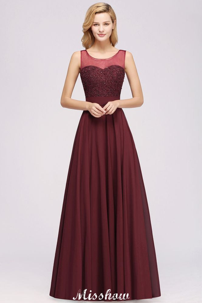 Tulle Lace Beadings Jewel Sleeveless Floor-Length Bridesmaid Dresses A-Line Chiffon Tulle Party Dress