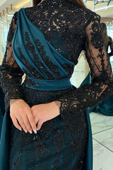 Turkish Mermaid High Neck Long Sleeves Evening Dresses With Black Lace