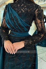 Turkish Mermaid High Neck Long Sleeves Evening Dresses With Black Lace