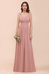 U-Neck High Waist Bridesmaid Dress Long Chiffon Formal Party Dress