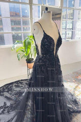 Unique black spaghetti straps sleeveless a-line lace sequined Wedding Dress
