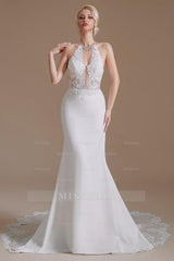 Unique Halter Sleeveless Mermaid Floor-Length Satin Wedding Dresses with Pattern