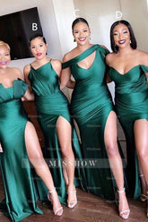 Unique Off-the-shoulder Strapless Emerald Green Elastic Satin Long Bridesmaid Dress