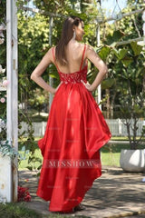 Unique Red Spaghetti Straps Sleeveless A-Line Prom Dresses with Lace
