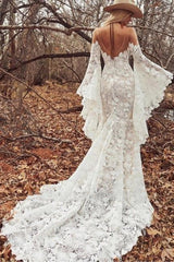 Unique Sweetheart Long-Sleeve Mermaid Floor-Length Lace Wedding Dresses with Chapel Train