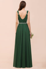 V-Neck A-line Dark Green Bridesmaid Dress Rhinestone Waist Belt