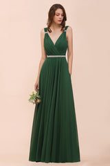 V-Neck A-line Dark Green Bridesmaid Dress Rhinestone Waist Belt