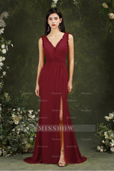 V-Neck Bridesmaid Dresses Chiffon With Slit