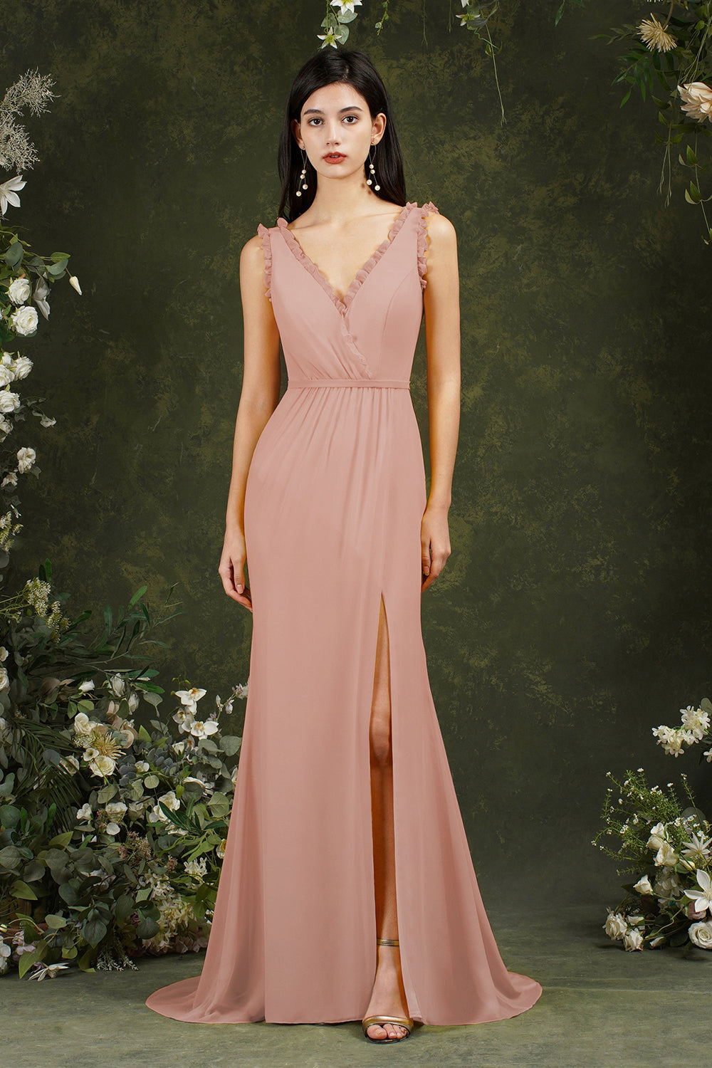 V-Neck Bridesmaid Dresses Chiffon With Slit