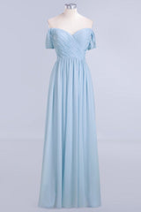 V-Neck Chiffon aline Bridesmaid Dress Sky Blue Floor Length Evening Swing Dress