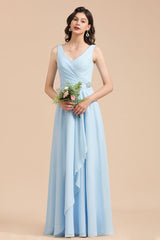 V-Neck Chiffon Aline Bridesmaid Dress Sleeveless Floor Length Simple Wedding Dress