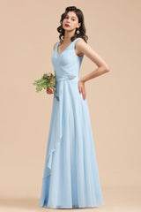 V-Neck Chiffon Aline Bridesmaid Dress Sleeveless Floor Length Simple Wedding Dress
