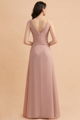 V-Neck Dusty Rose Chiffon Bridesmaid Dresses with Ruffles