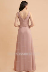 V-Neck Dusty Rose Chiffon Bridesmaid Dresses with Ruffles