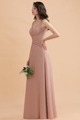 V-Neck Dusty Rose Chiffon Bridesmaid Dresses with Ruffles