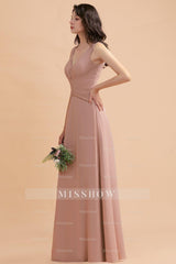 V-Neck Dusty Rose Chiffon Bridesmaid Dresses with Ruffles